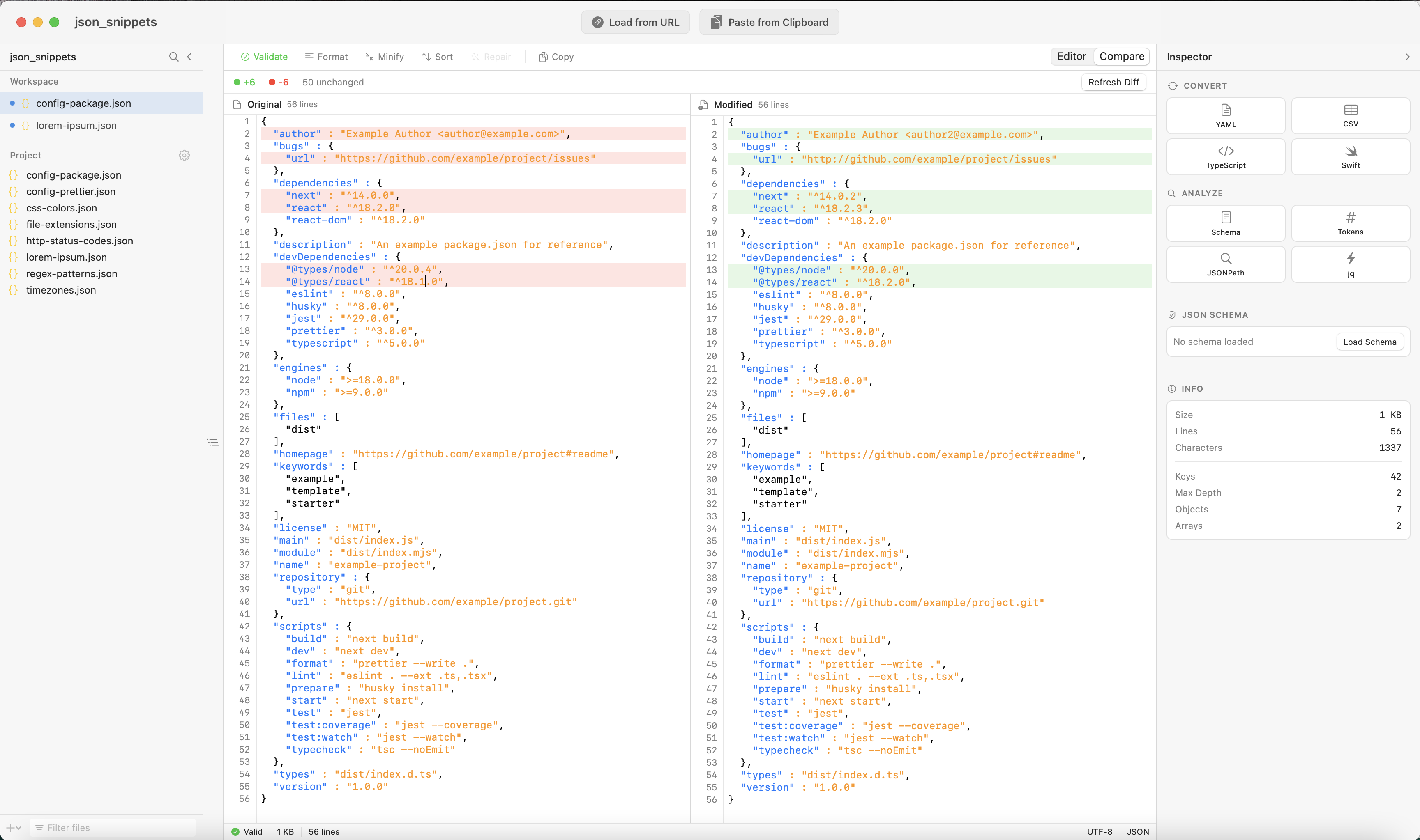 JSONLint Pro - Native JSON Editor for macOS showing diff comparison view